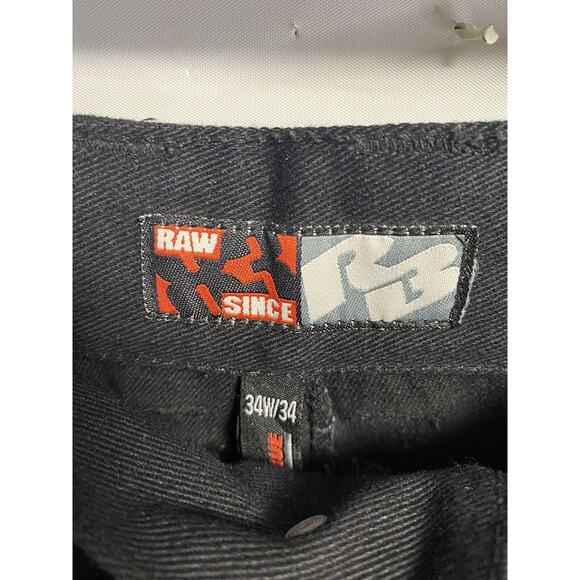 Vintage Raw Blue Jeans Black Denim Baggy Y2K Zodiac Grunge Rap Embroidered 34/34 - Picture 8 of 9